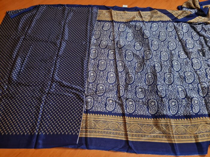 Saree indiano de tecido misto viscose e seda marinho e dourado