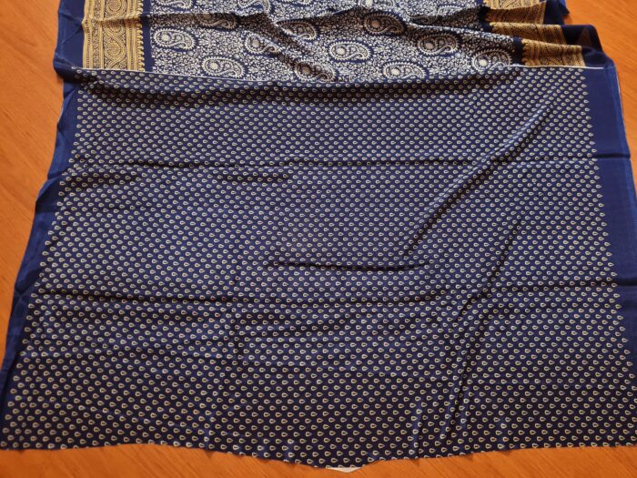 Saree indiano de tecido misto viscose e seda marinho e dourado