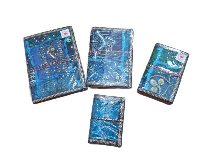 Cadernos indianos artesanais pintados a mão Patchwork azul