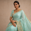 saree verde água com bordados dourados para festas e casamentos