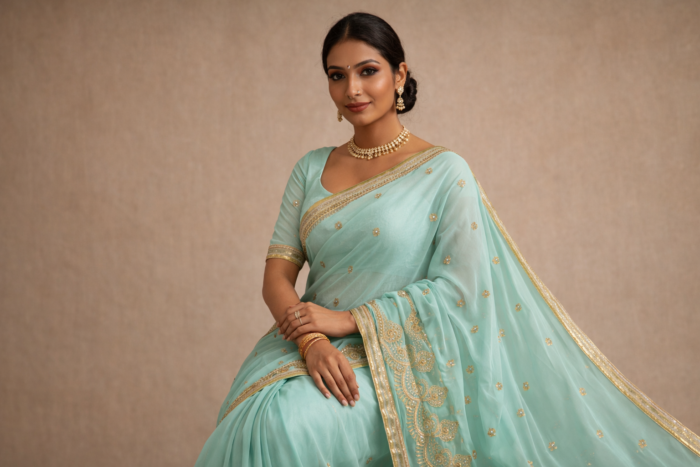 saree verde água com bordados dourados para festas e casamentos