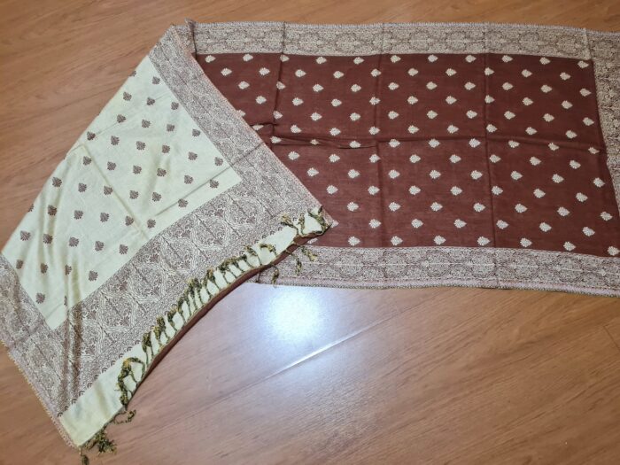 Echarpe indiana algodão com viscose dupla face de arabescos marrom e creme