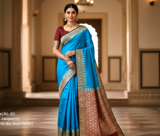 Saree Banarasi Art Silk Azul Turquesa e Marsala Real