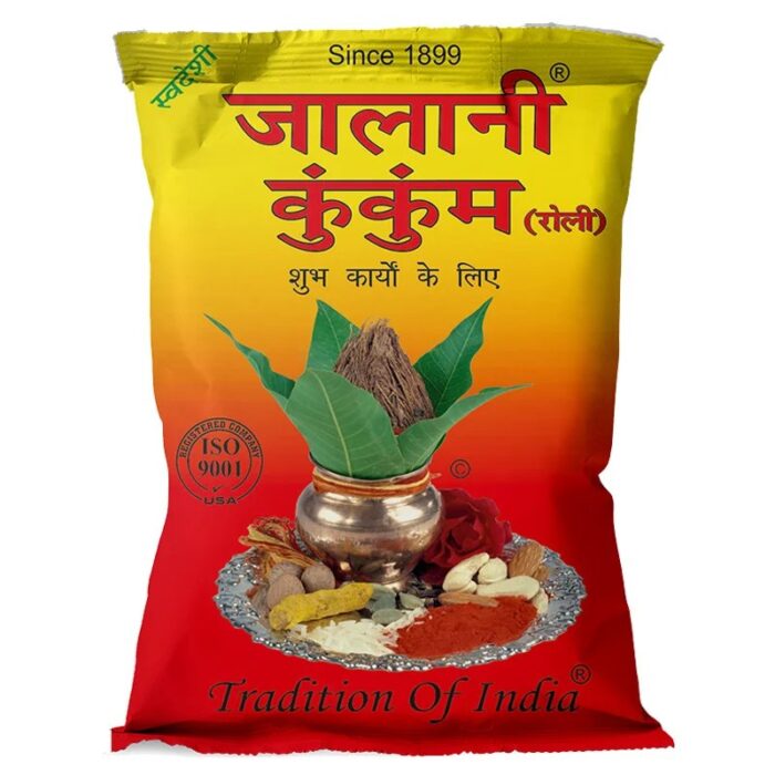 Kumkum Jalani, 80g, pó vermelho intenso para tilak ou bindi, marcações religiosas e e sociais.