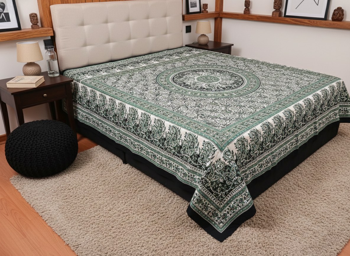 Colcha indiana ou painel decorativo Mandala Paisley preto bege e verde 2,40m