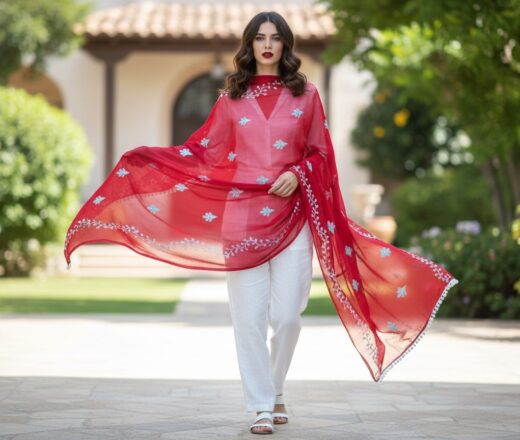 Dupatta vermelha com bordados florais em branco