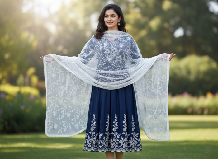 Dupatta branca bordada floral com renda Zara