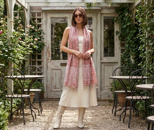 Echarpe indiana algodão com viscose dupla face floral vermelha e off-white