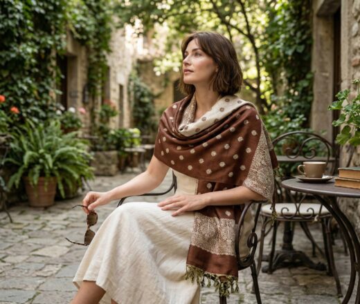 Echarpe indiana algodão com viscose dupla face de arabescos marrom e creme