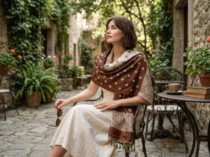 Echarpe indiana algodão com viscose dupla face de arabescos marrom e creme