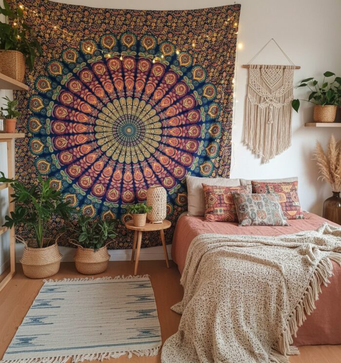 Panô indiano de algodão estampa de mandala marinho, coral e verde 2,40m