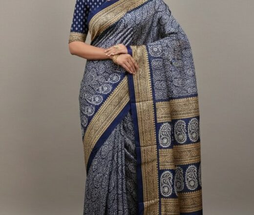 Saree indiano de tecido misto viscose e seda marinho e dourado