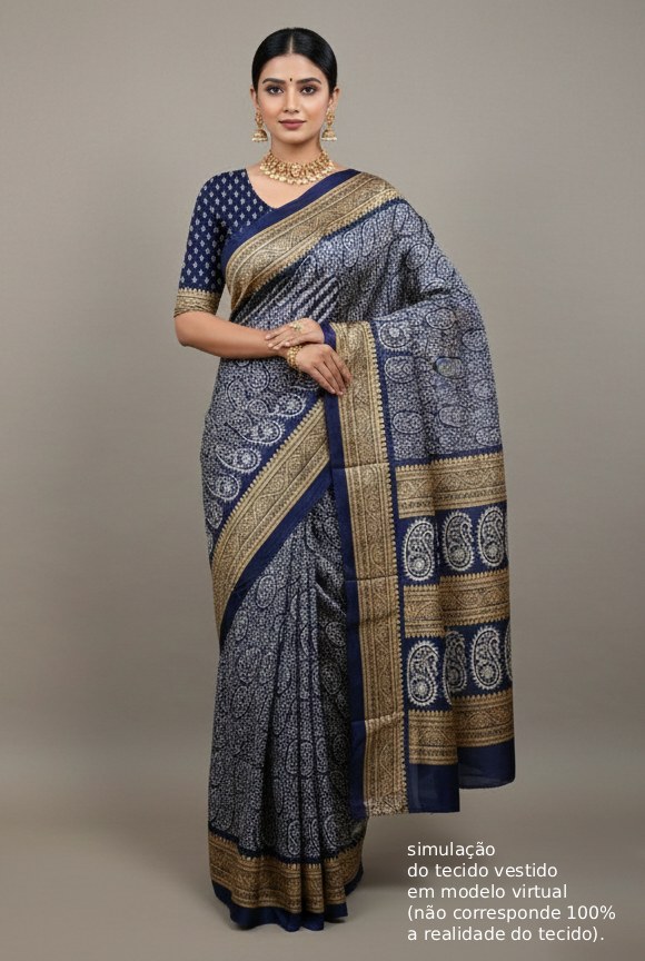 Saree indiano de tecido misto viscose e seda marinho e dourado