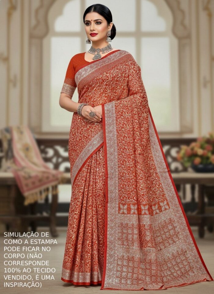 Sari indiano com estampa de arabescos Tie Dye laranja e vermelho