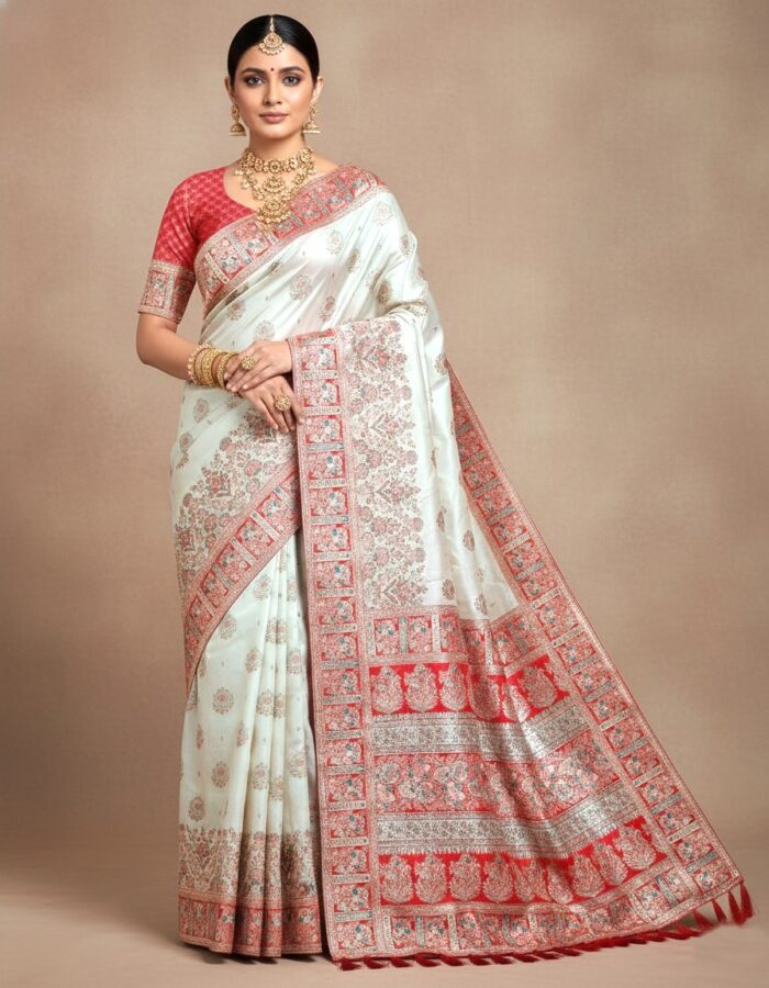 saree-noiva-luxuoso-banarasi-india-dourado vestido saree luxuoso estilo Banarasi para noivas em branco, perolado, vermelho e verde - Modelo Sweta Amritá