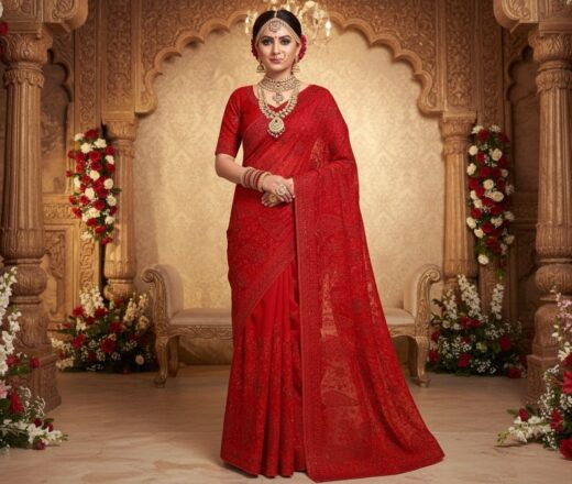 O Esplendor do Vermelho: Saree Nupcial em Georgette Chikankari de Lucknow