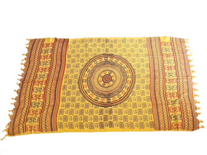 Chadar indiano (manto de oração) de elefantes e mandala amarelo