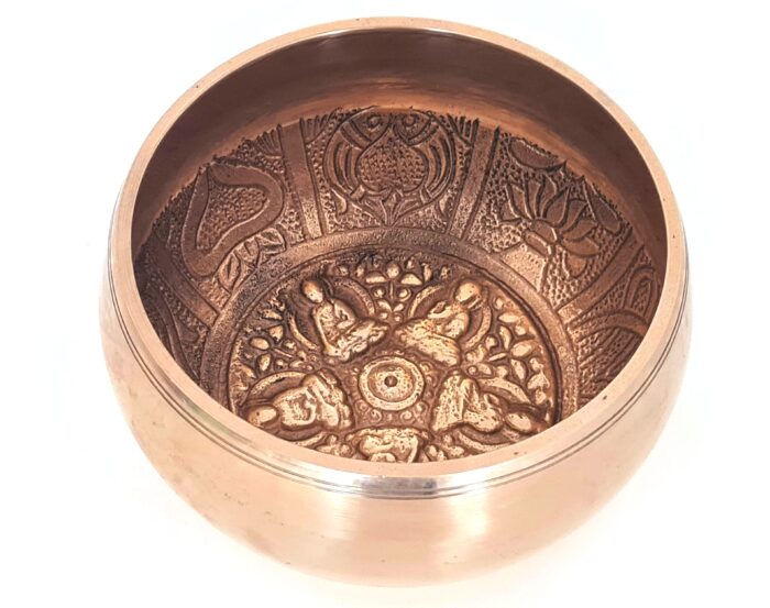 Tigela tibetana com 7 ligas dourada Buda e 8 símbolos auspiciosos 12cm