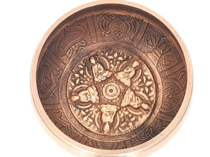 Tigela tibetana com 7 ligas dourada Buda e 8 símbolos auspiciosos 12cm