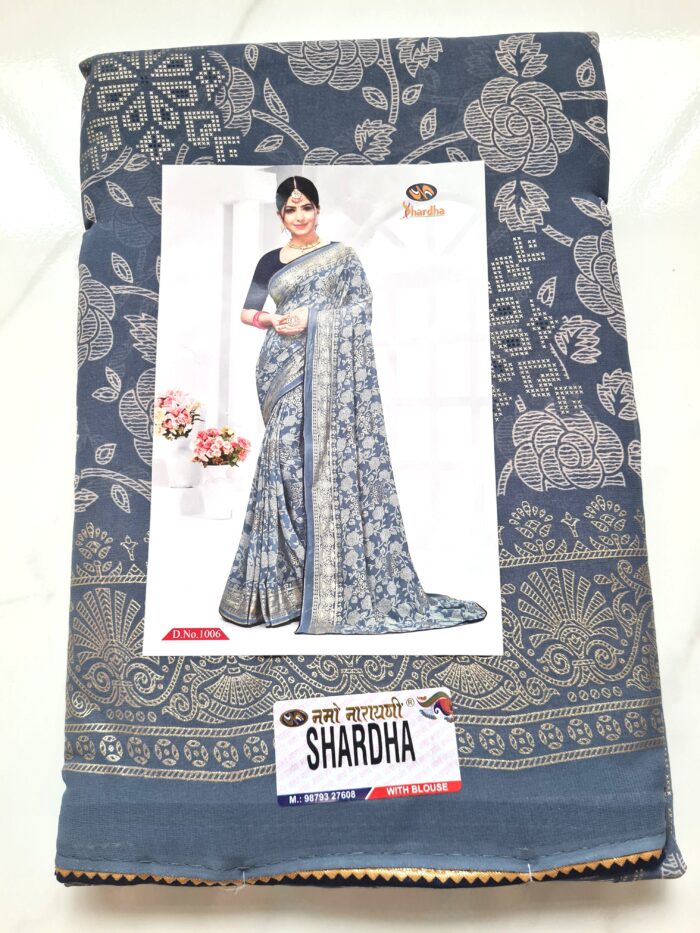 20260430_154630 Saree indiano estamparia floral com arabescos em cinza e dourado
