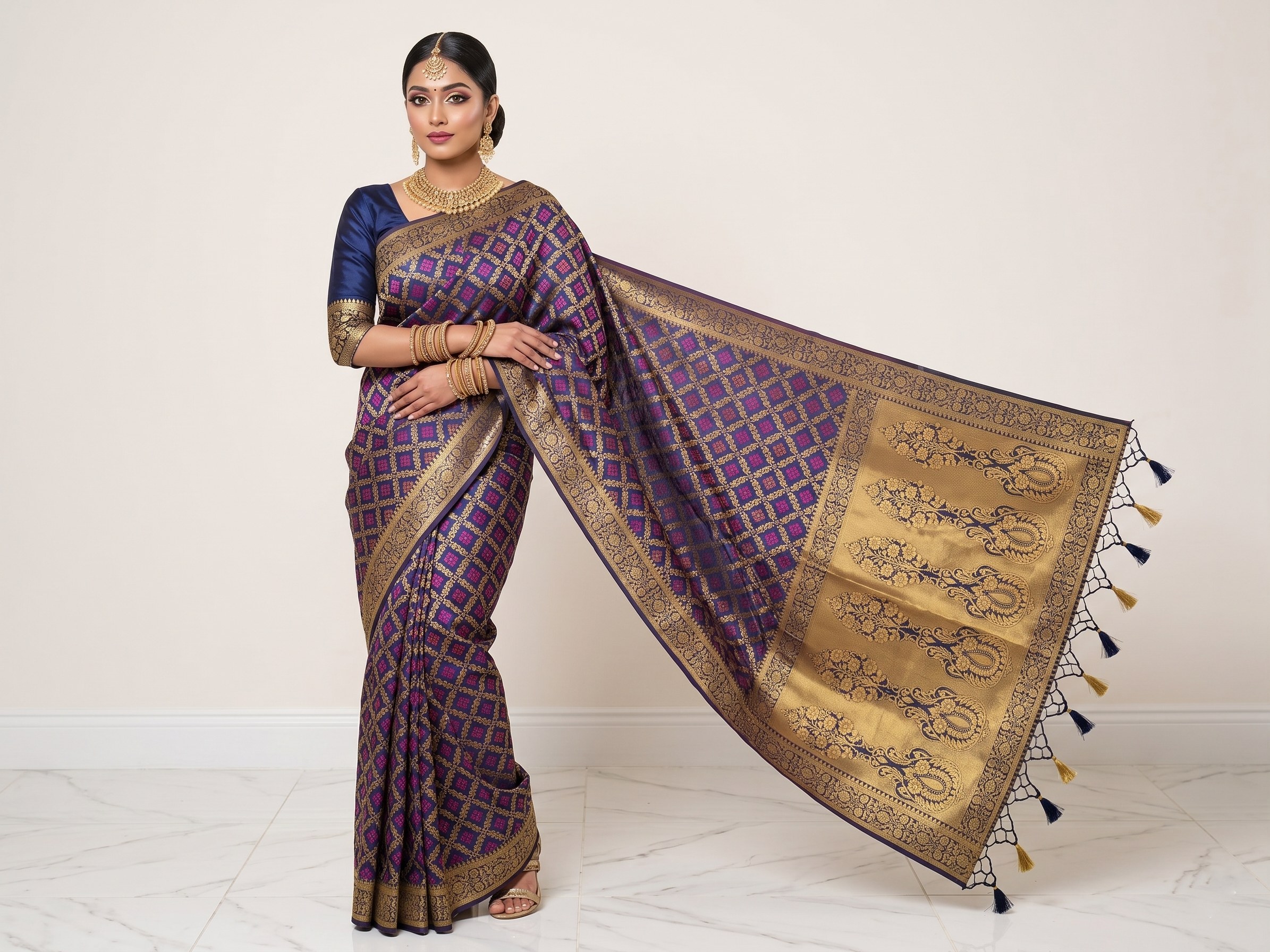 Saree Banarasi Art Silk de seda modelo Indigo Gold Meenakari Imperial