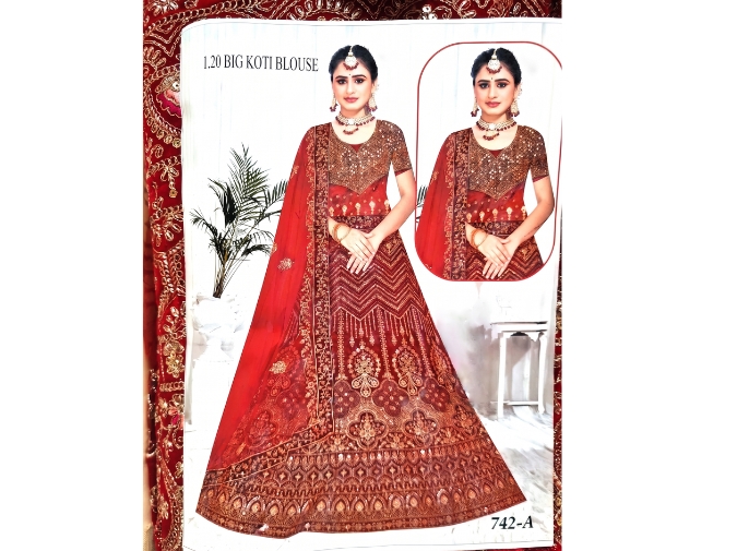 lehenga de noiva vermelha e dourada toda bordada 3 peças com choli e dupatta fabricada na Índia