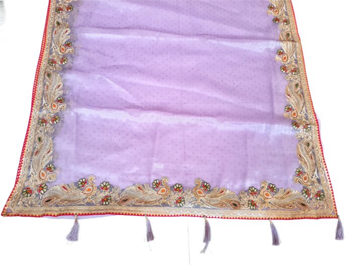 Saree luxuoso de Organza de seda lilás modelo Lavanya Mayuri