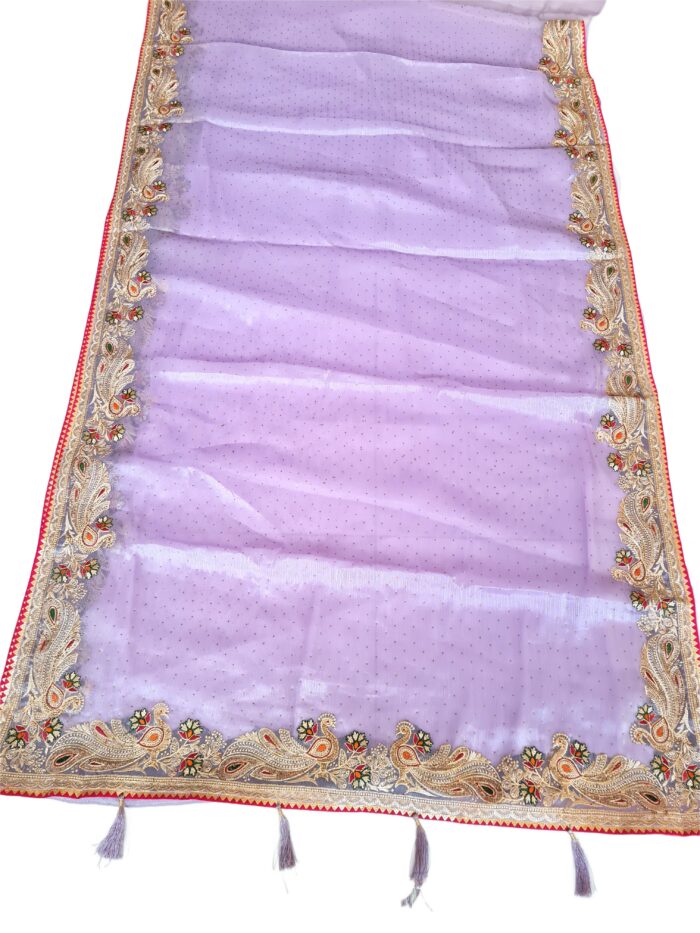 Saree luxuoso de Organza de seda lilás modelo Lavanya Mayuri