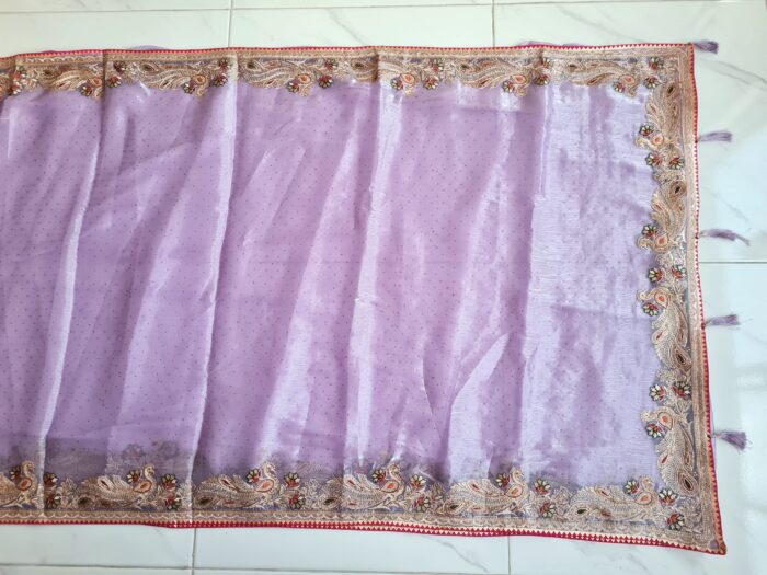 Saree luxuoso de Organza de seda lilás modelo Lavanya Mayuri
