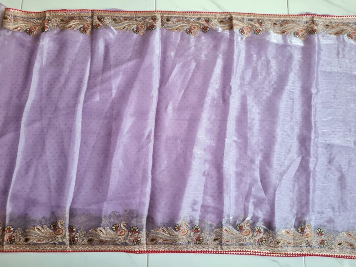 Saree luxuoso de Organza de seda lilás modelo Lavanya Mayuri
