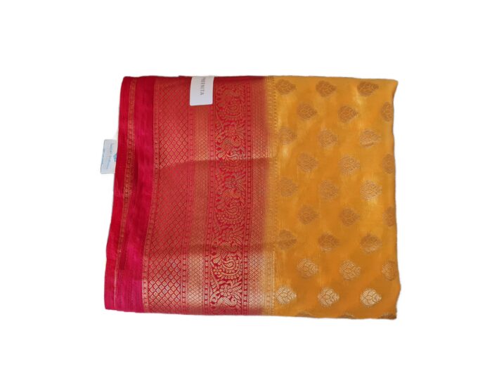 Saree Banarasi Art Silk de seda modelo Suryodaya amarelo e vermelho