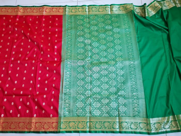 Saree Banarasi Art Silk de seda modelo Gold Nandini vermelho e verde