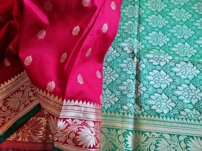 Saree Banarasi Art Silk de seda modelo Gold Nandini vermelho e verde