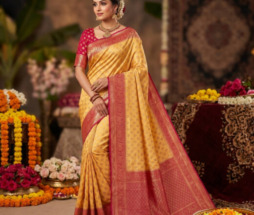 Cópia de raspadores-variados-designs_mercado-livre-1200x1200px Saree Banarasi amarelo e vermelho design de paisley e pavões com dourado nos bordados, ideal para festas, casamentos, em seda mista.