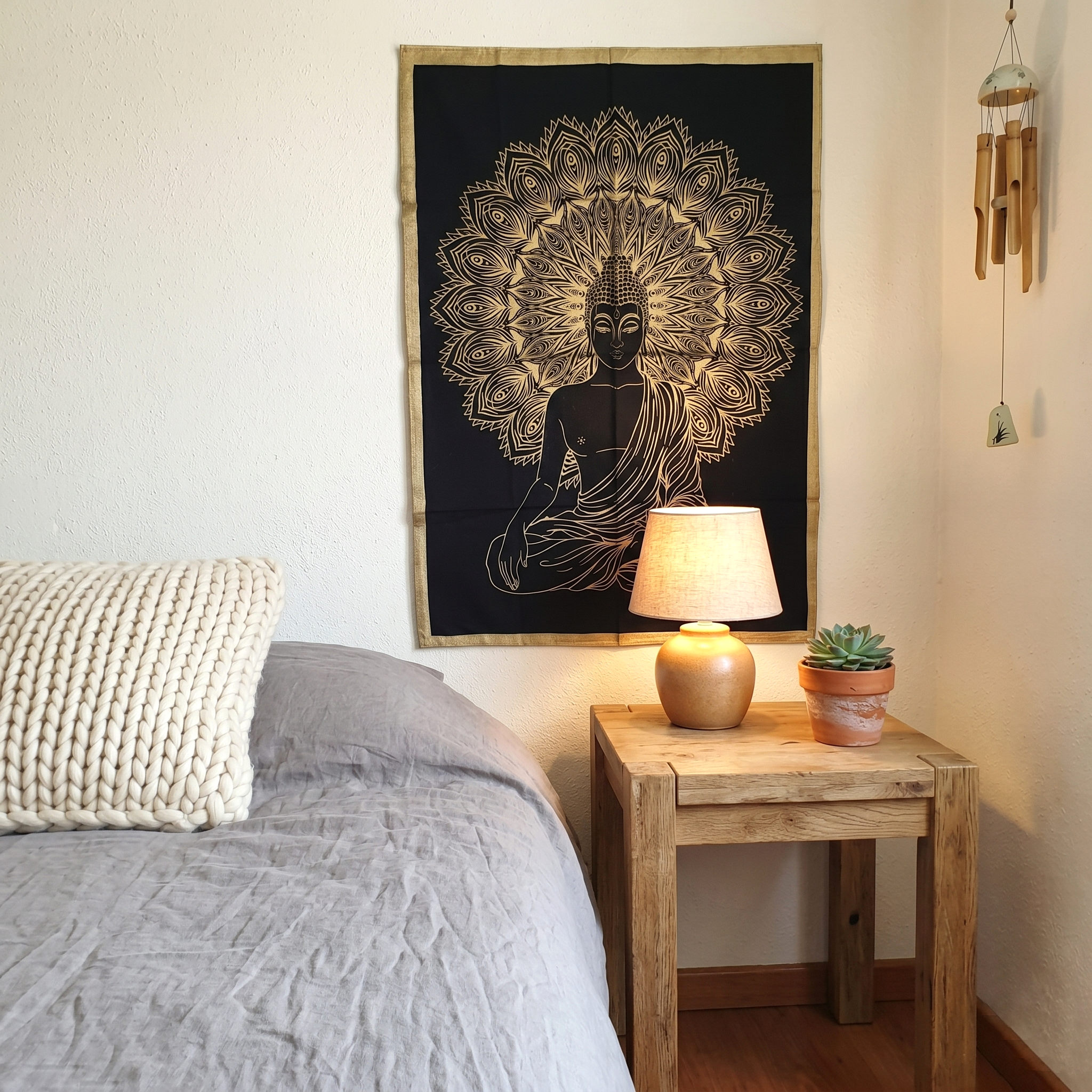 Painel de tecido decorativo Gold Black estampa de Buda 100cm