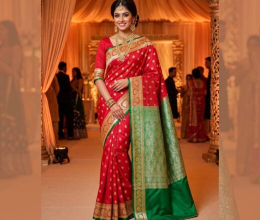 Saree Banarasi Art Silk de seda modelo Gold Nandini vermelho e verde