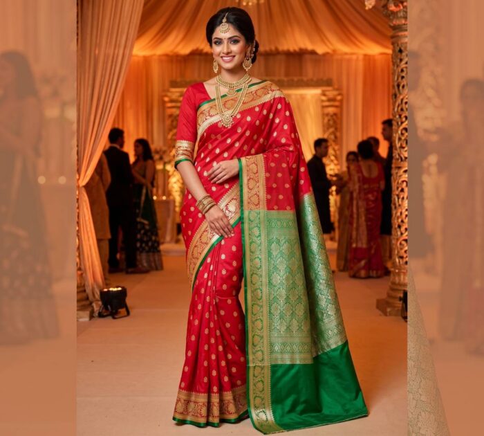 Saree Banarasi Art Silk de seda modelo Gold Nandini vermelho e verde