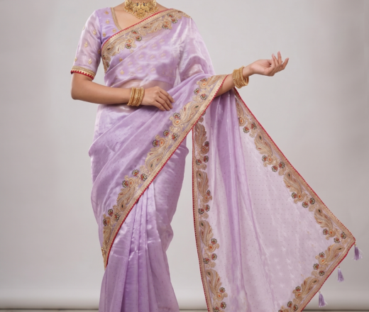 Saree luxuoso de chiffon de seda lilás modelo Lavanya Mayuri