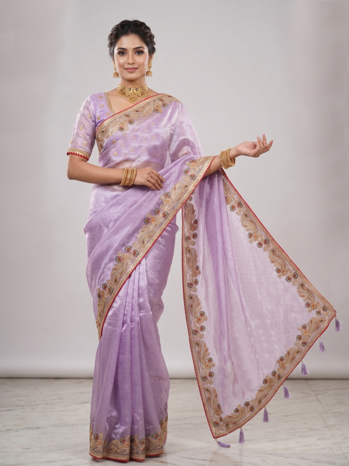 Saree luxuoso de chiffon de seda lilás modelo Lavanya Mayuri