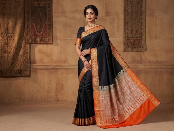 saree preto com laranja e dourado Saree Banarasi Art Silk de seda modelo Gold Shyama