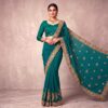 Saree luxuoso de festa verde com dourados, bordados intensos (modelo Harita Aishwarya)