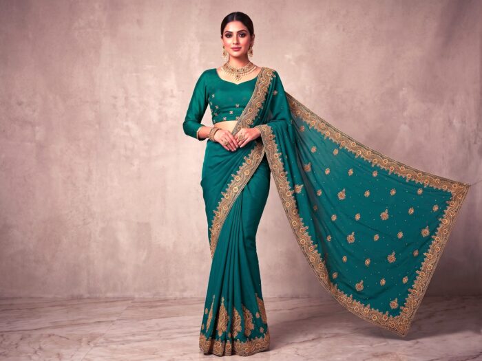 Saree luxuoso de festa verde com dourados, bordados intensos (modelo Harita Aishwarya)