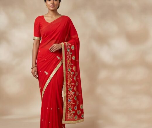 saree vermelho com bordados coloridos Sari indiano crepe de seda vermelho com bordados dourados e detalhes coloridos