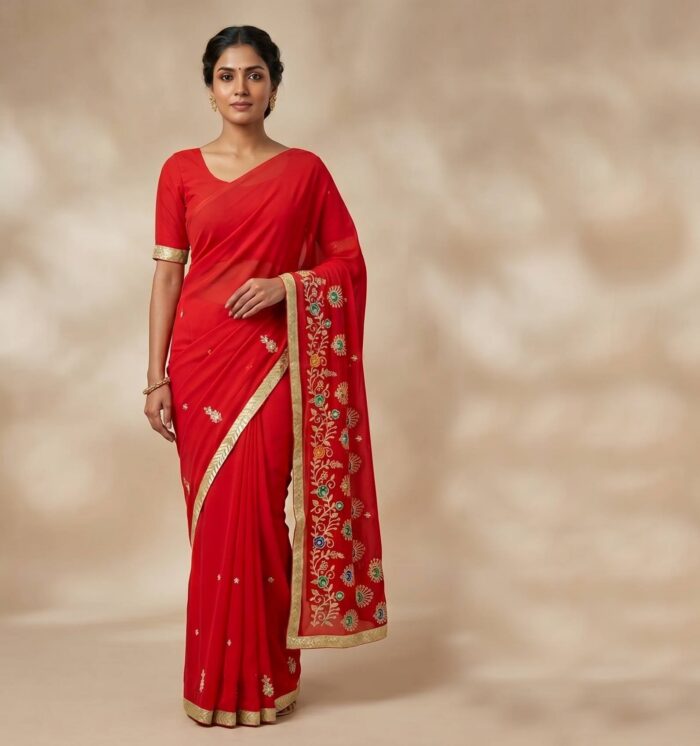 Sari indiano crepe de seda vermelho com bordados dourados e detalhes coloridos