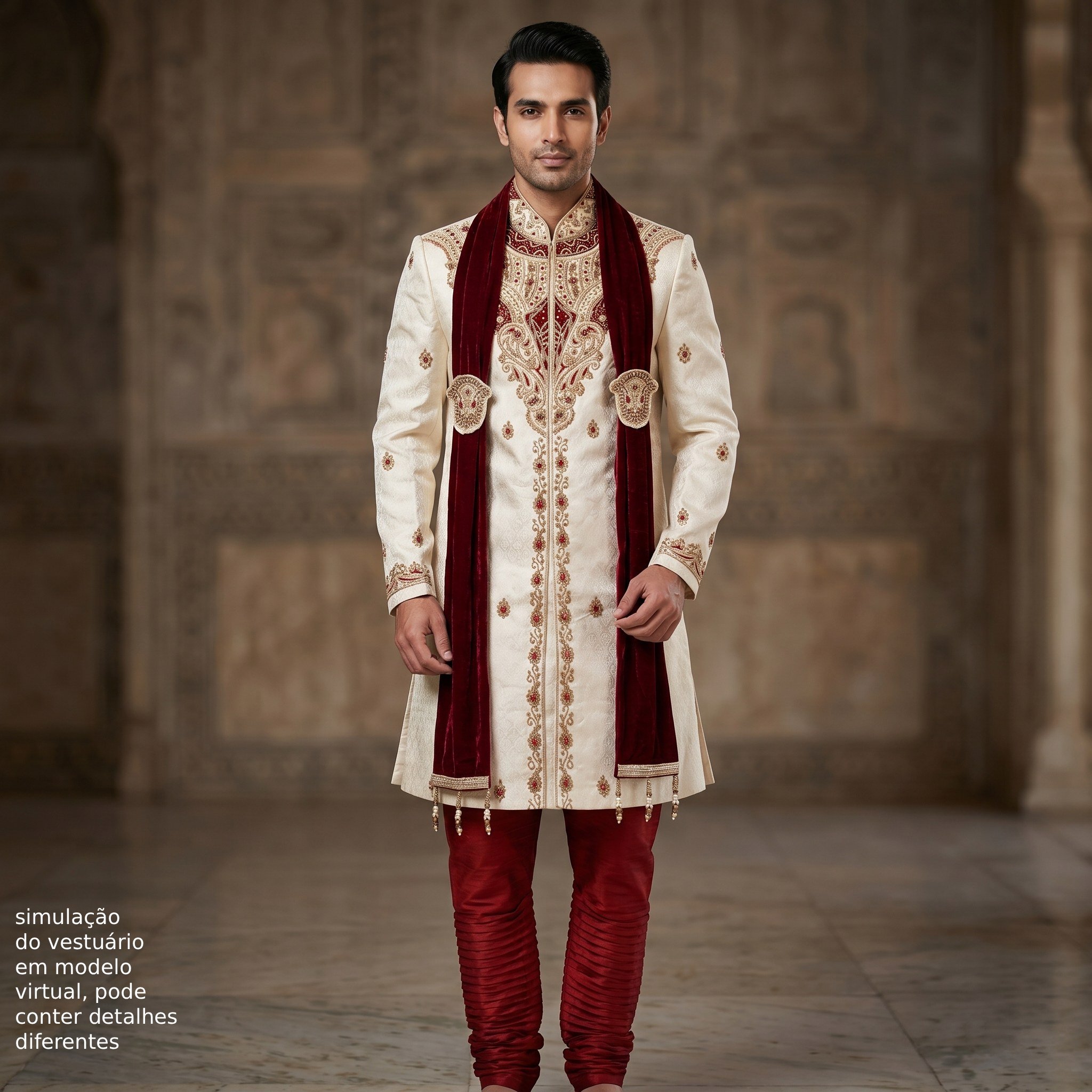 Sherwani luxuoso creme e bordô para casamento